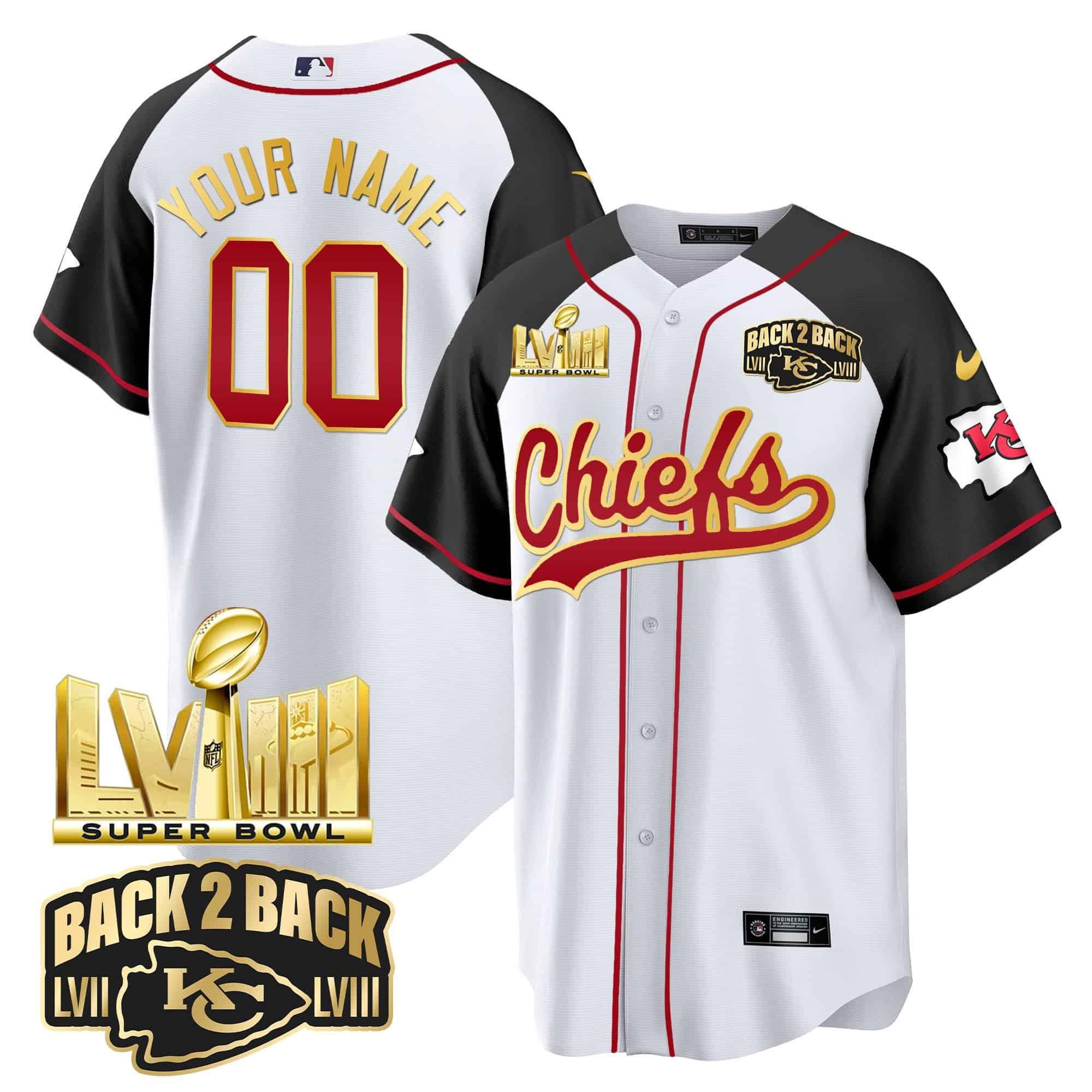Men Kansas City Chiefs White 2024 Nike Super Bowl LVIII Back-2-Back Gold Patch Baseball Custom NFL Jersey style 1
